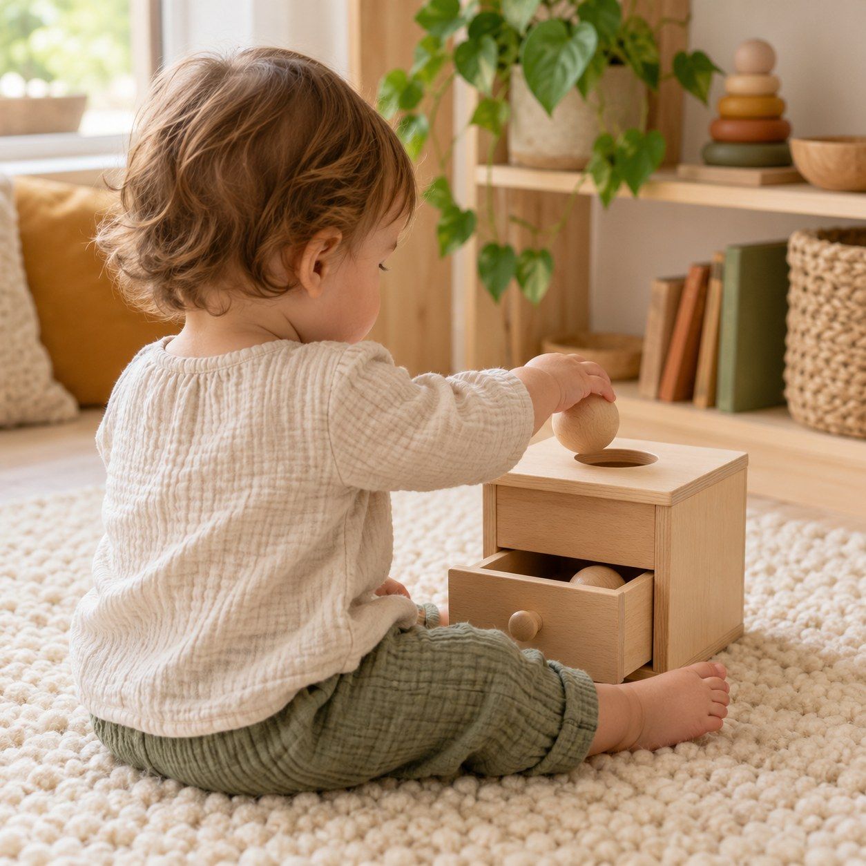 Enfant d’un an glissant une balle dans une boîte à permanence en bois