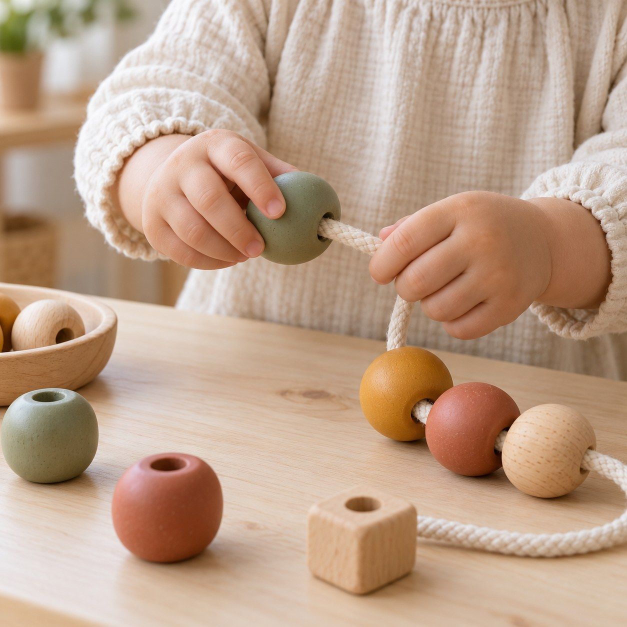 Mains d’un enfant de deux ans enfilant de grosses perles en bois