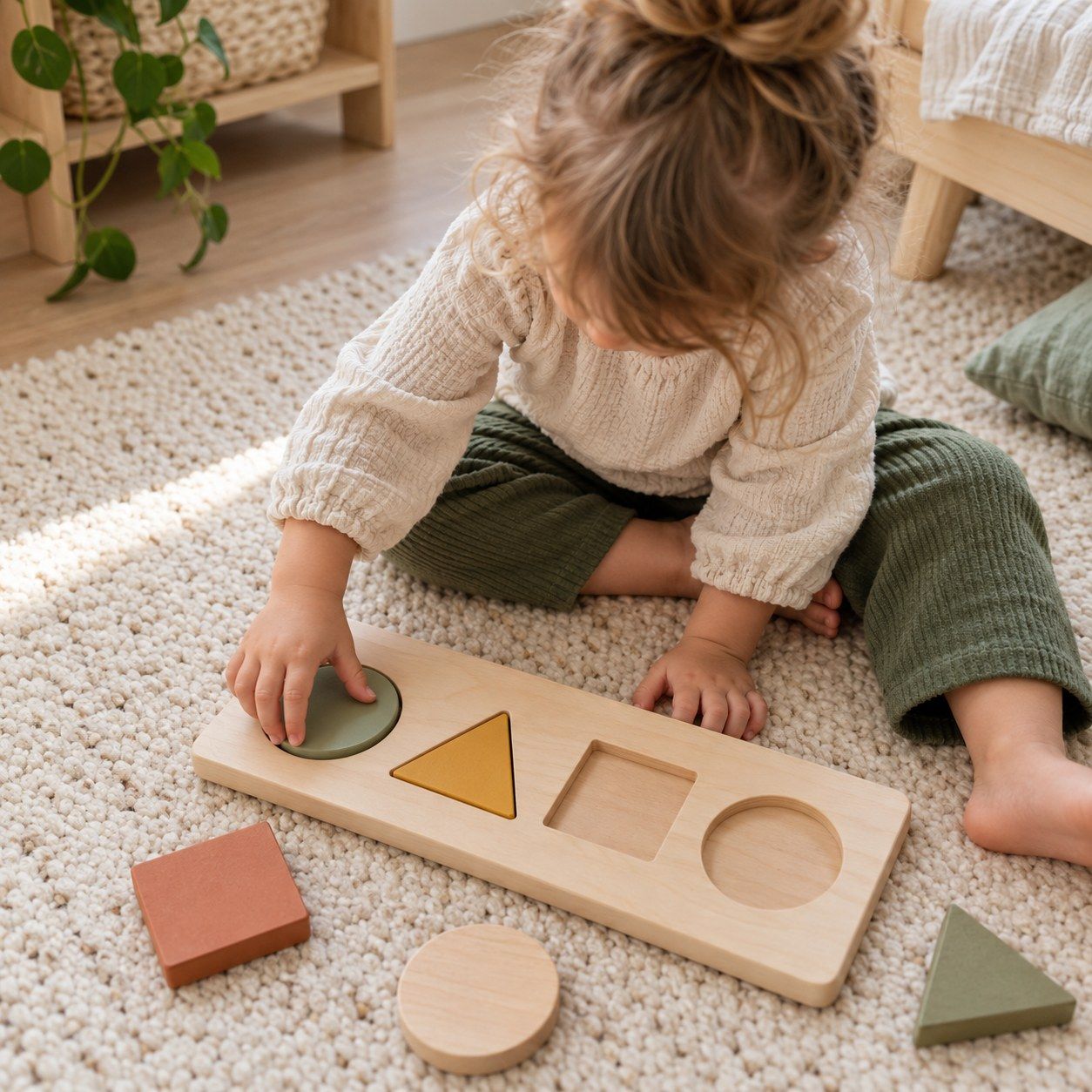 Enfant de trois ans faisant un puzzle à encastrement en bois