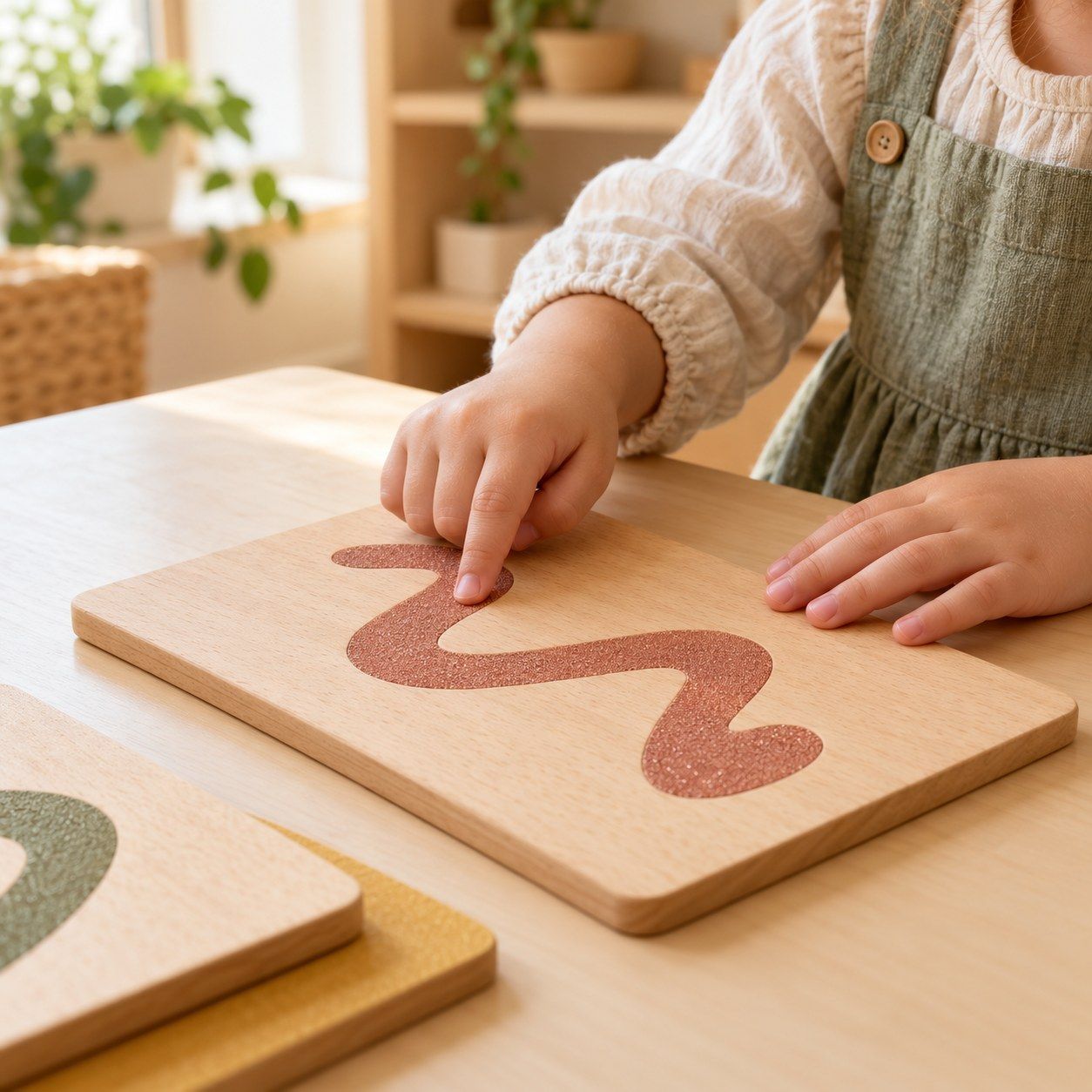 Doigt d’un enfant suivant une lettre rugueuse Montessori
