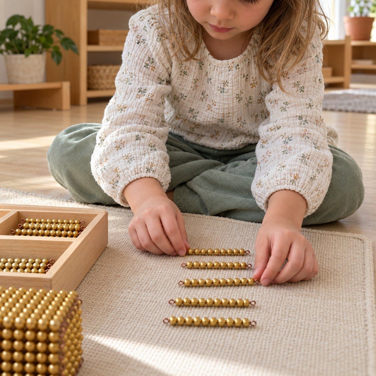 Enfant comptant avec les perles dorées Montessori