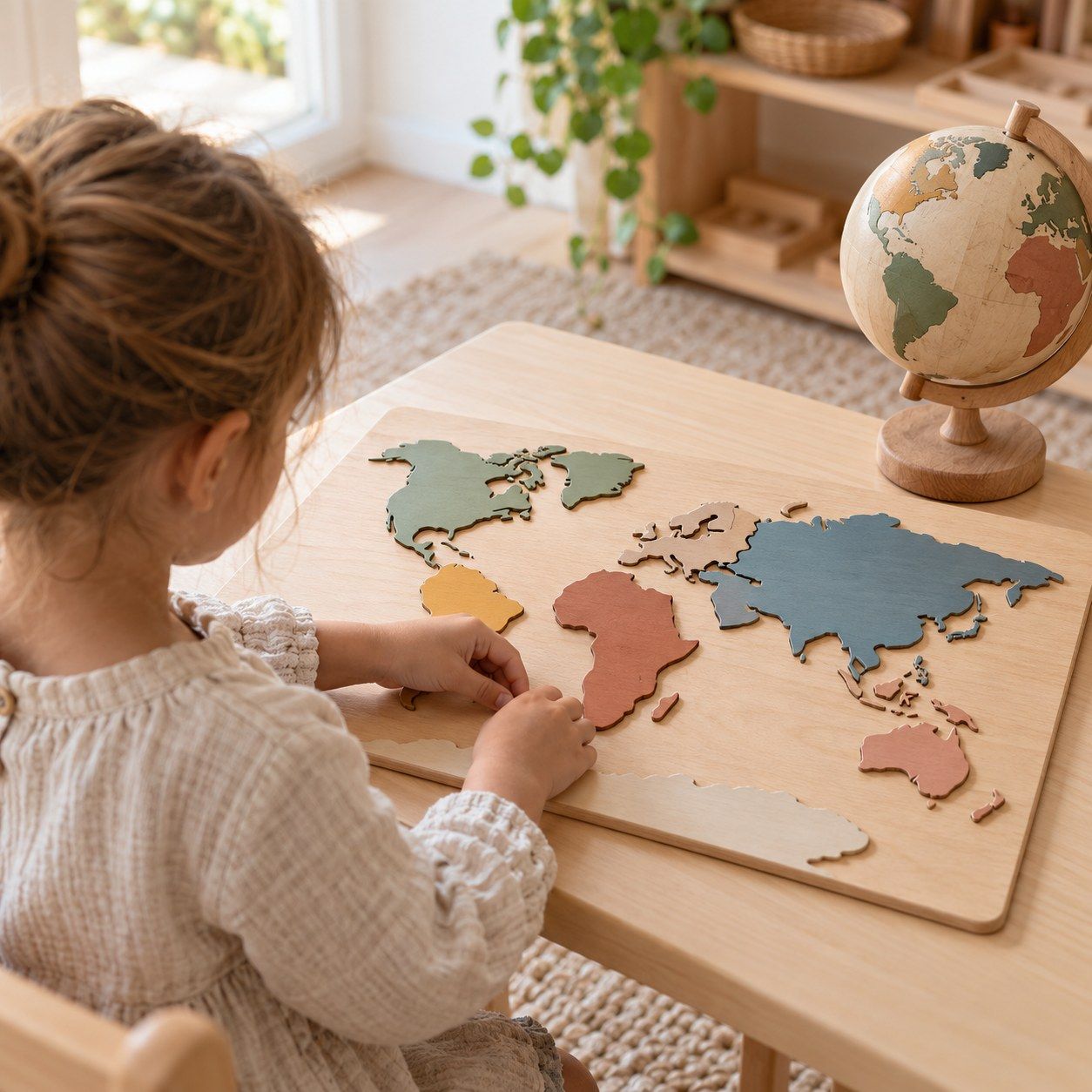 Enfant de six ans assemblant une carte du monde puzzle en bois