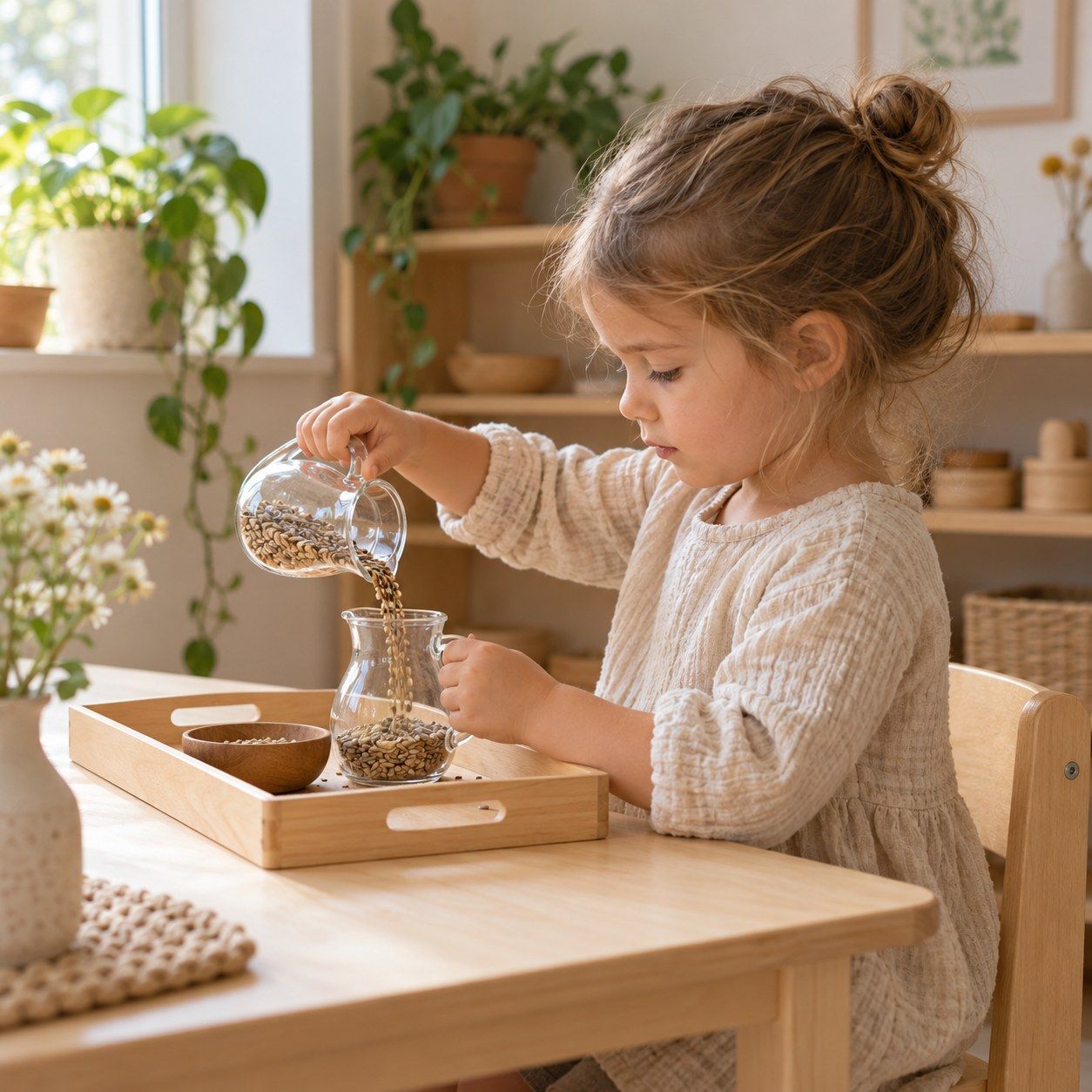 Enfant concentré transvasant des graines d’un pichet à l’autre