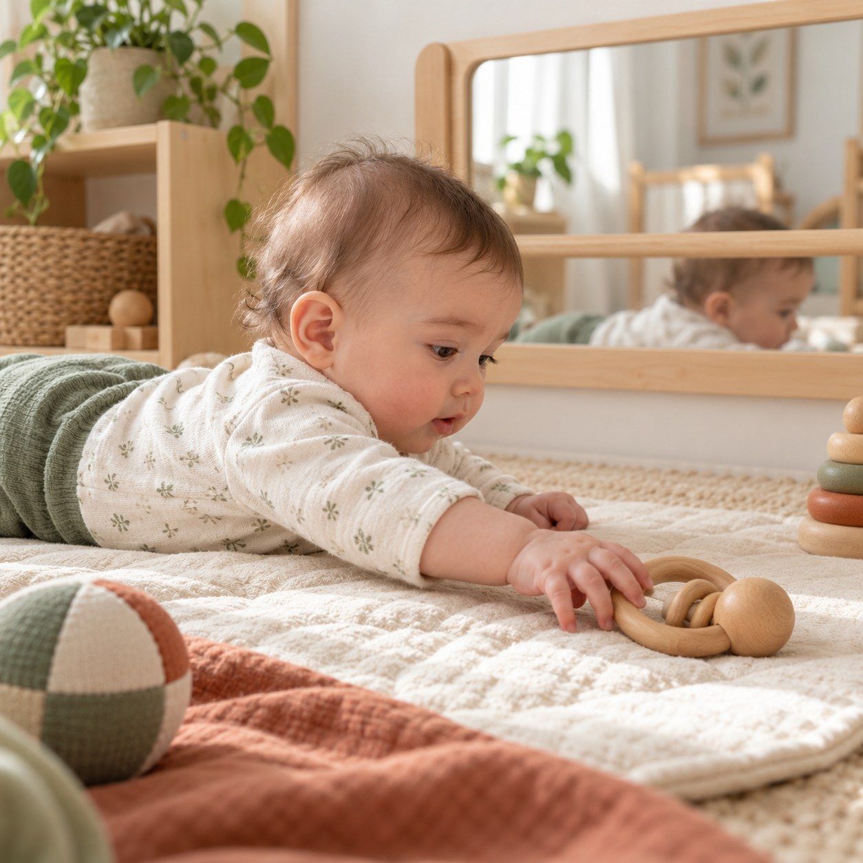 Bébé sur un tapis d’éveil attrapant un hochet en bois