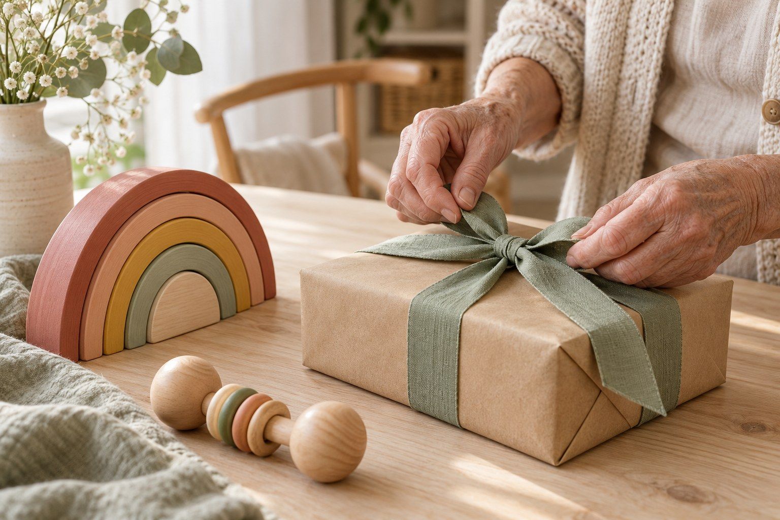 Grand-mère nouant le ruban d’un cadeau à côté de jouets Montessori en bois