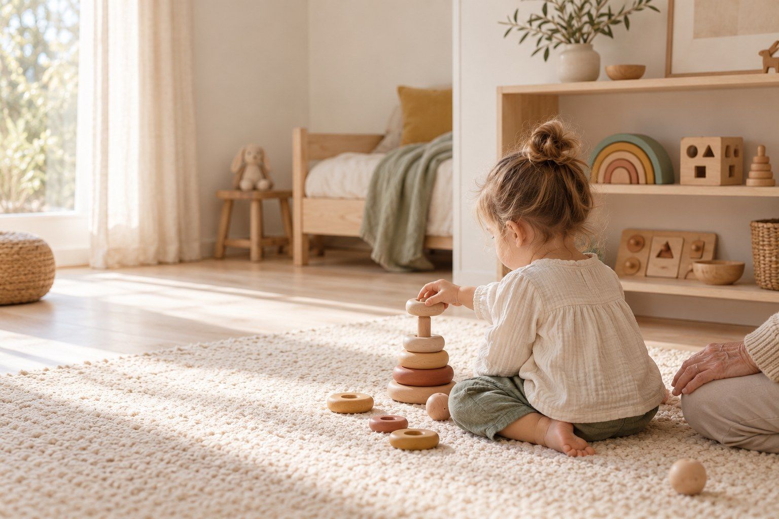 Enfant qui empile des anneaux en bois devant une étagère basse Montessori