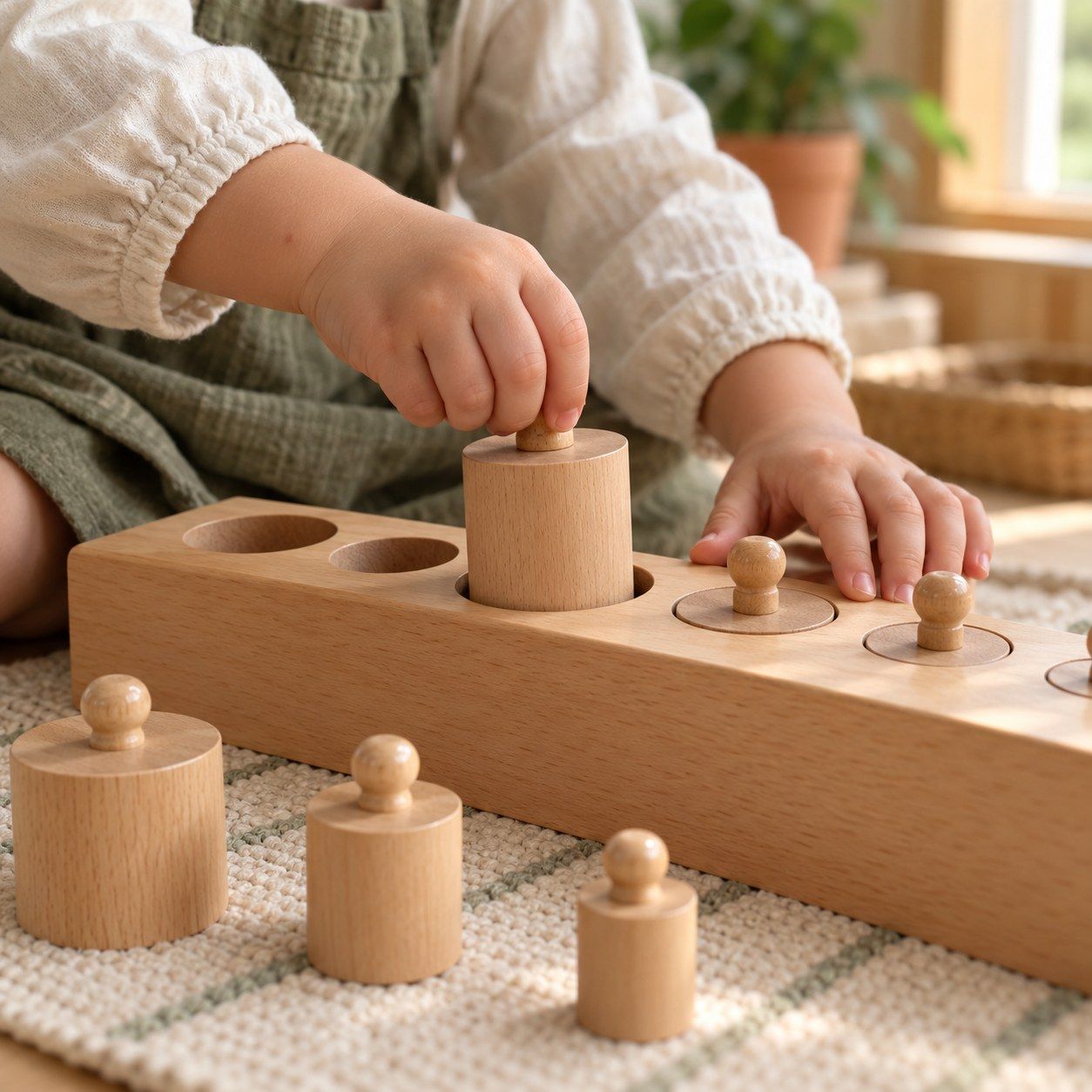 Mains d’enfant manipulant un matériel Montessori en bois sur un tapis de travail